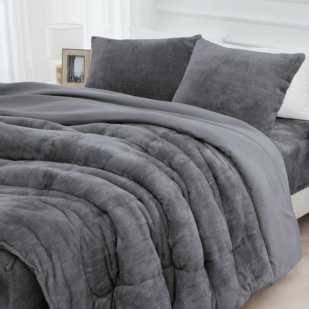 Faux Fur Comforter Set with Fitted Sheet - Luxury Ultra Soft Fluffy Fuzzy Queen